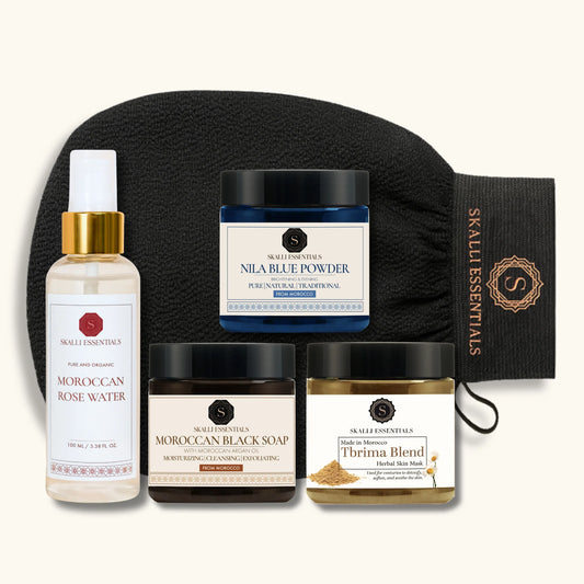 Moroccan Hammam Spa Set with black soap and Kessa glove by Kanaan Care